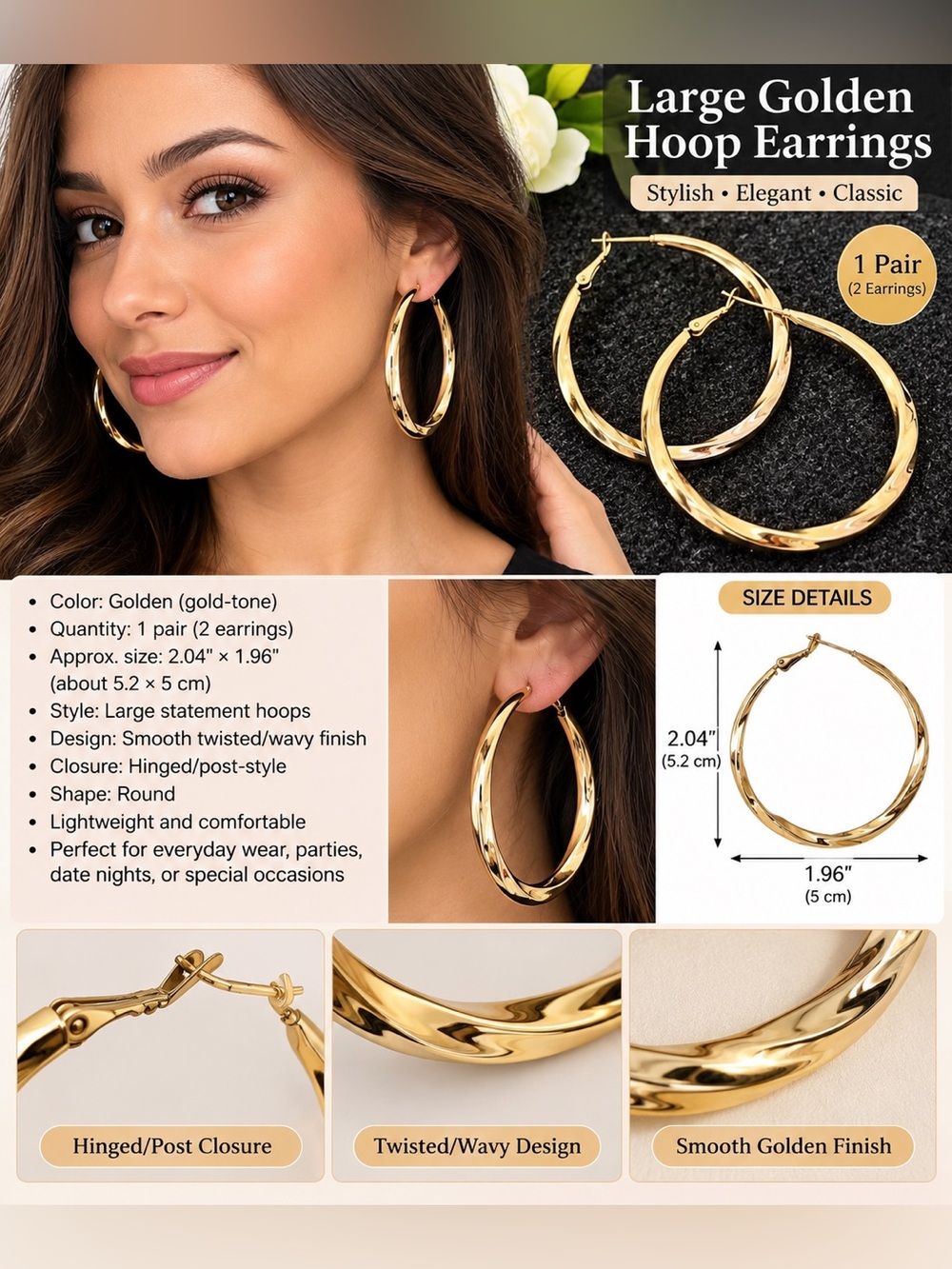 Gold toned large Twist Hoop Earrings - Women Jewelry